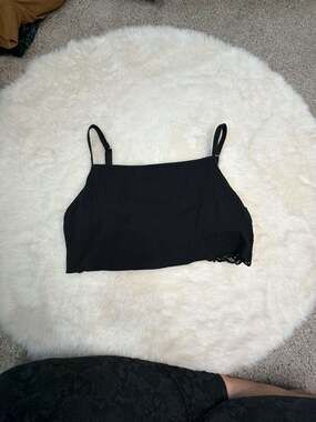 Aerie Black Ribbed Lace-Trimmed Crop Top/Bralette with Rose Gold Rings